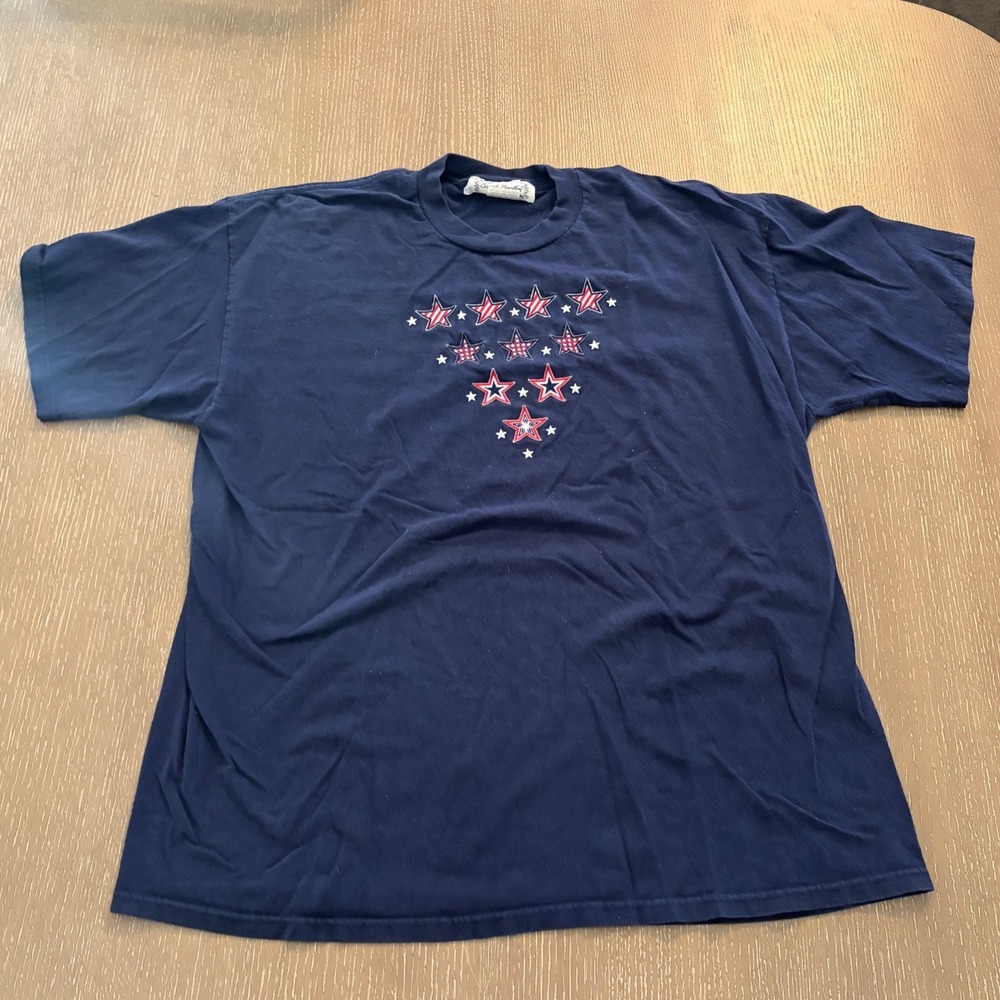 Vintage Sarah Bentley Women's Navy Blue Patriotic Stars T-Shirt USA Made Large